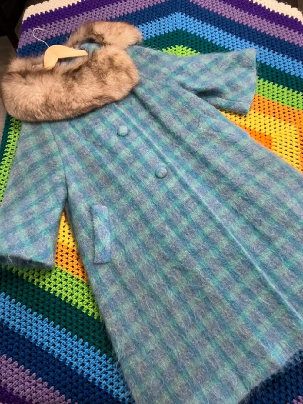 60's Vintage Lilli Ann Teal Blue Plaid Mohair Mod Mcm Fur Collar Swing Coat
